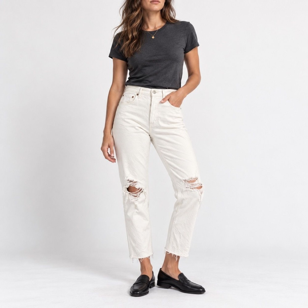 AGOLDE White Button Fly Riley Crop Distressed Jeans A056D-1183 SZ 25